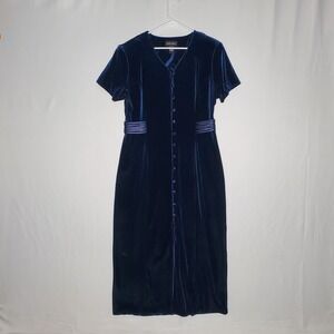 Chad's Place Velvet Full Button Dress 18 Navy Short Sleeve Evening Old Money